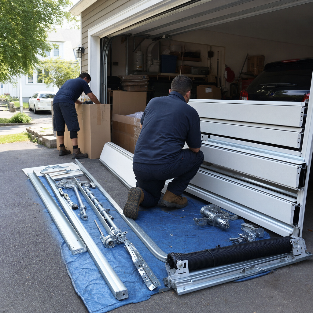 Two professional technicians performing a residential garage door installation