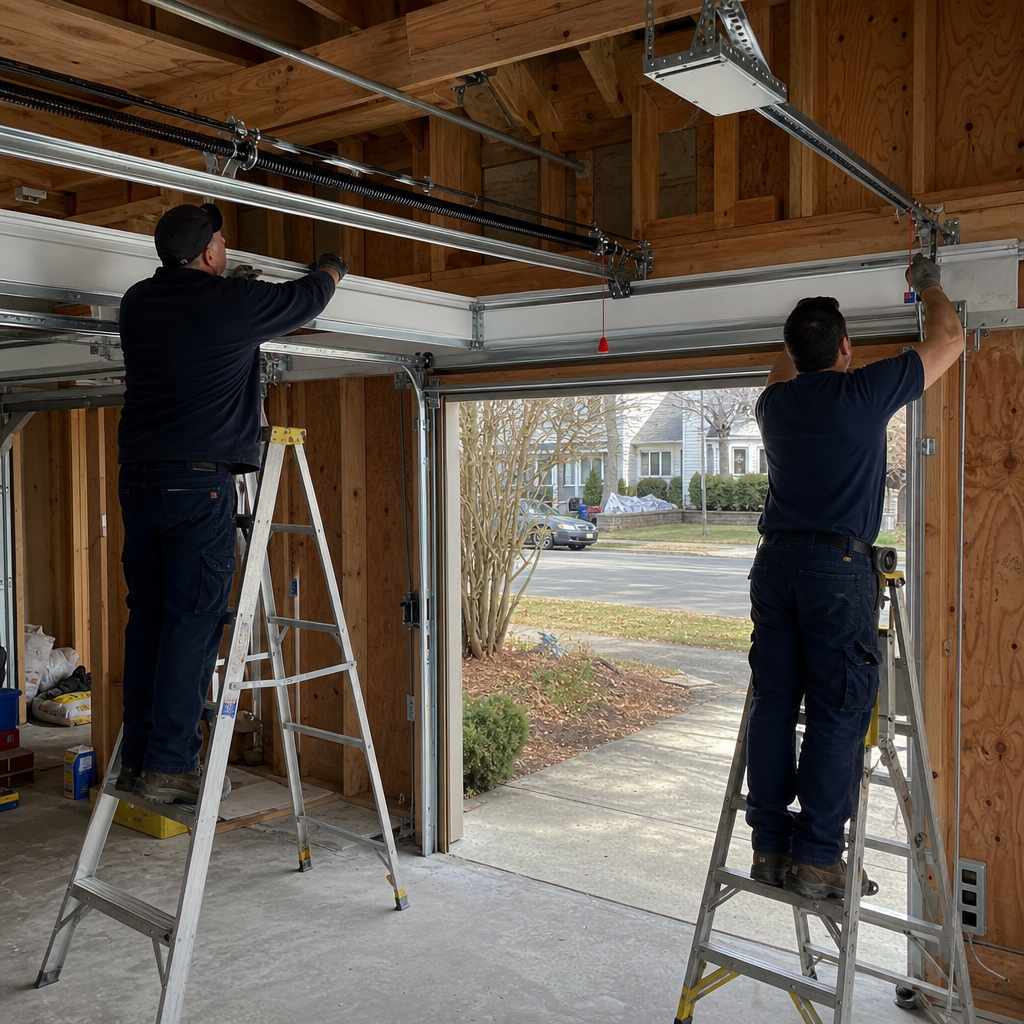 Two professional technicians performing a new garage door installation