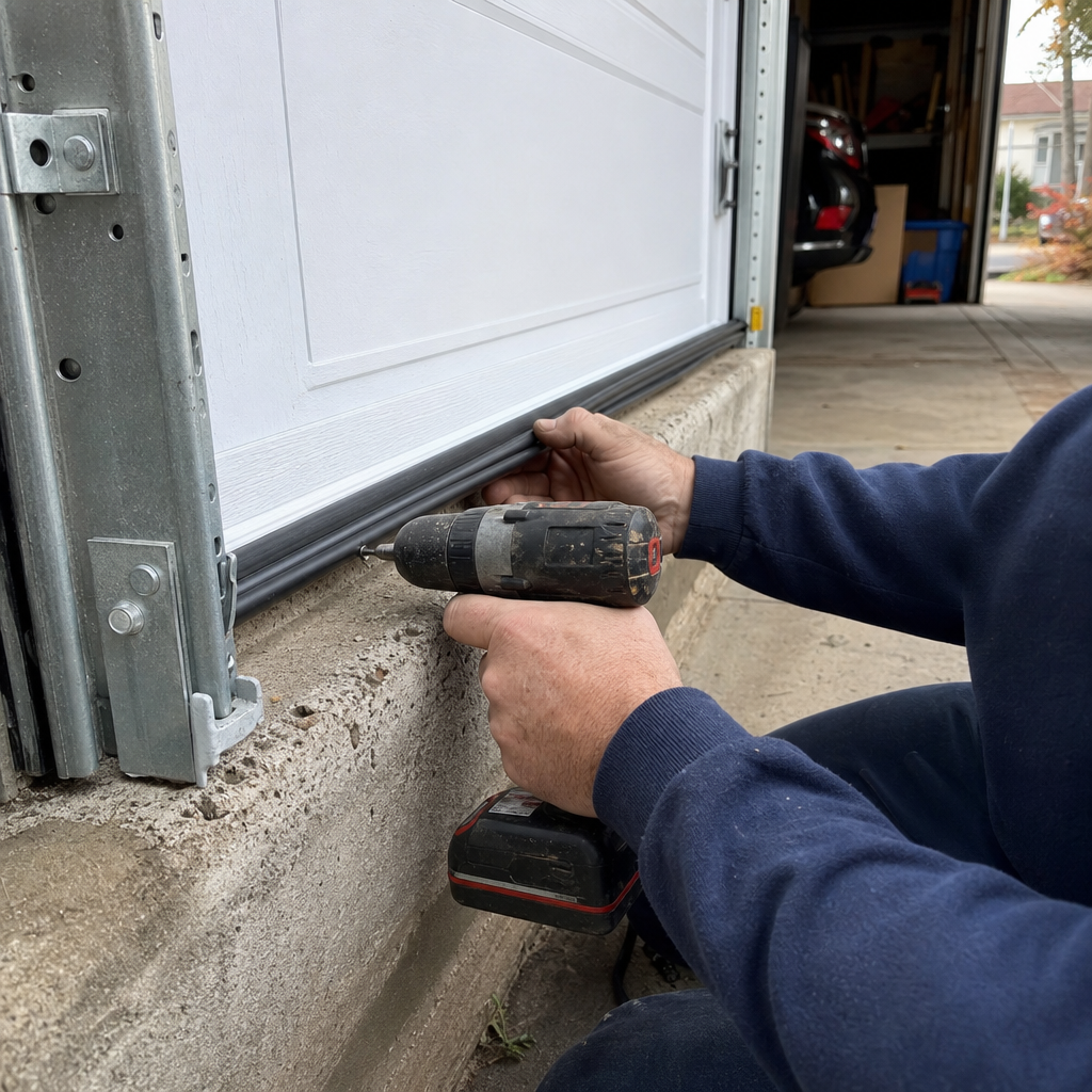 Technician installing rubber weather stripping on the bottom of a garage door