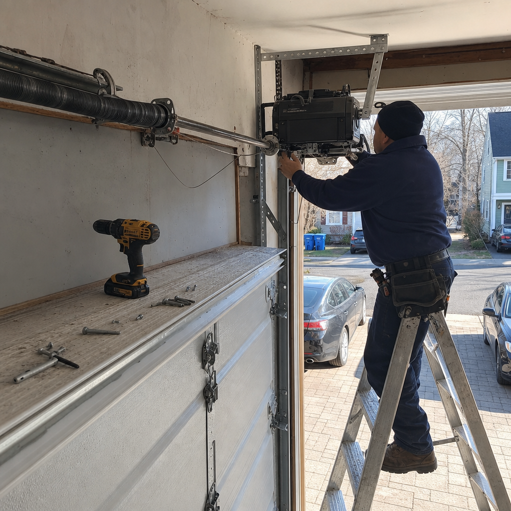 Technician performing professional garage door opener repair service