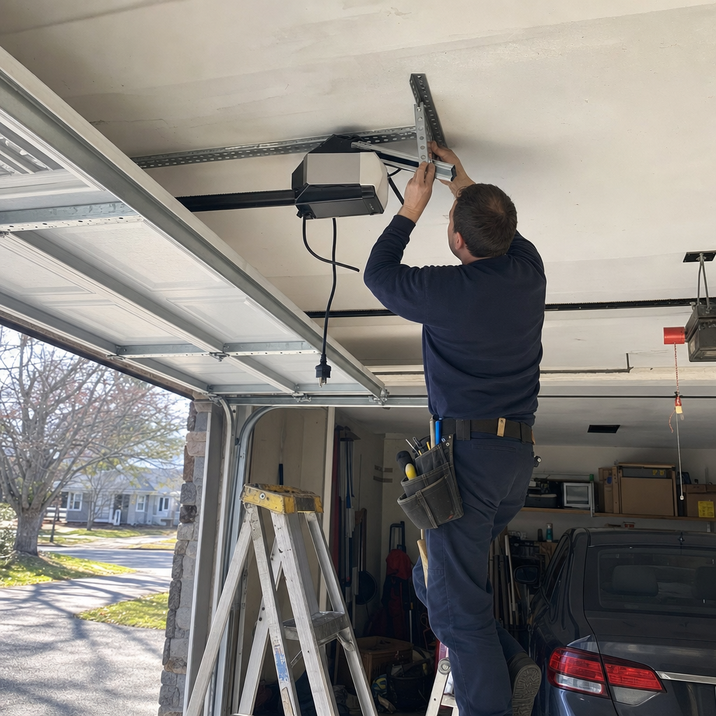 Technician performing professional garage door opener installation and repair