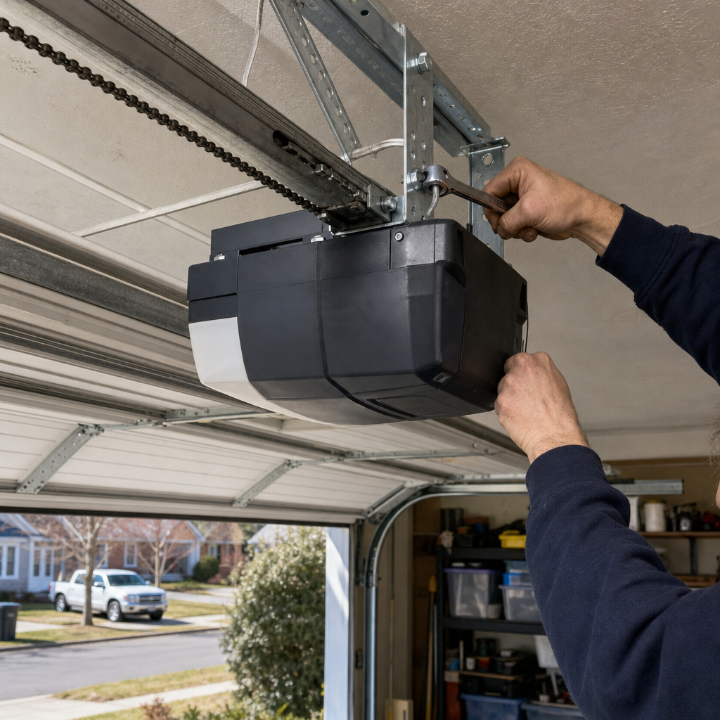 Technician using a wrench to repair a garage door opener motor