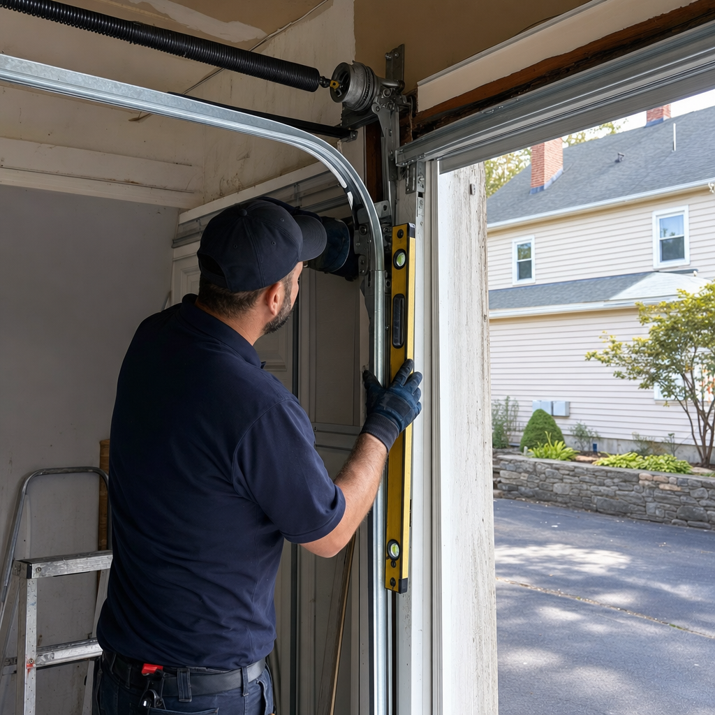 Technician using a level to align garage door track during repair