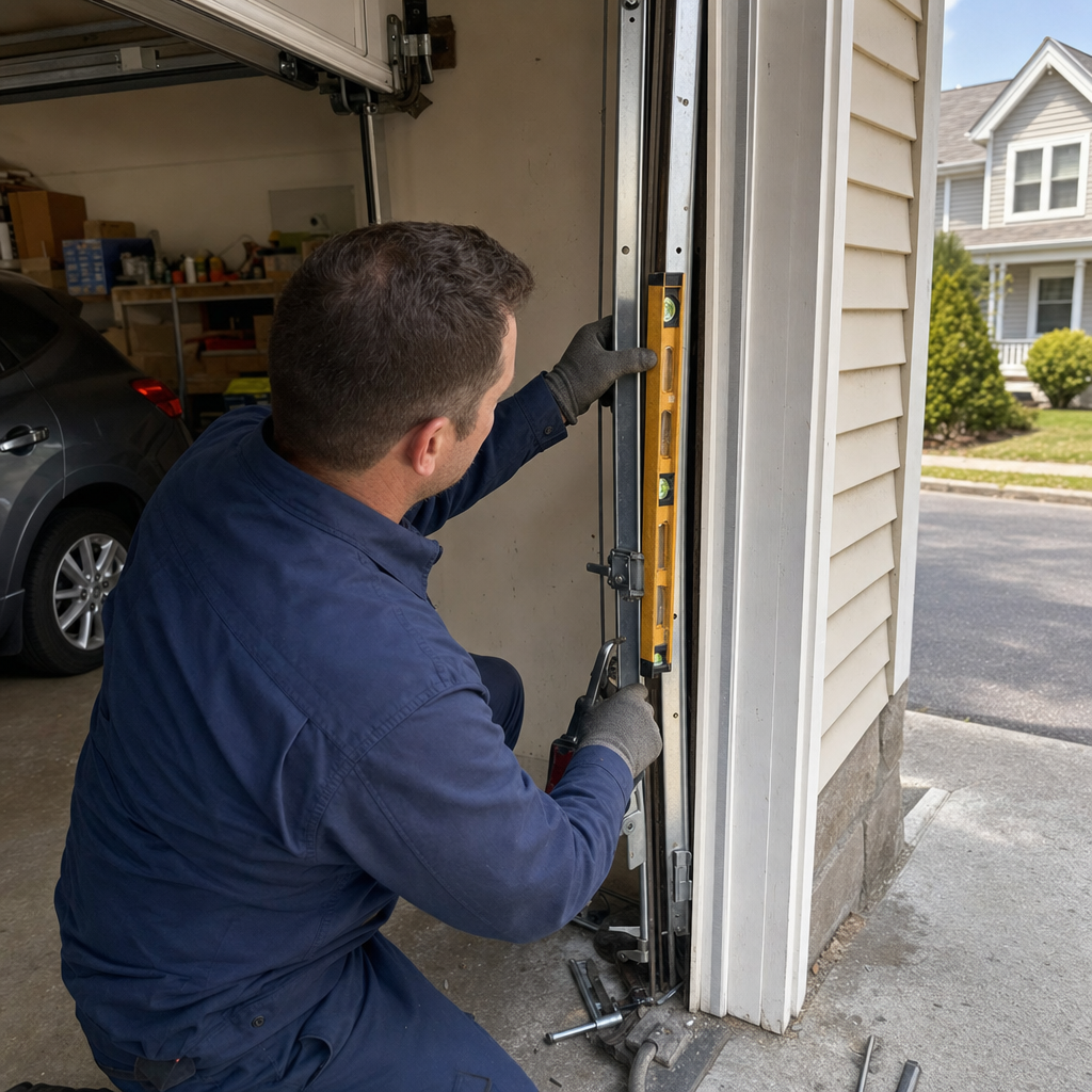 Technician using a level to repair a garage door track
