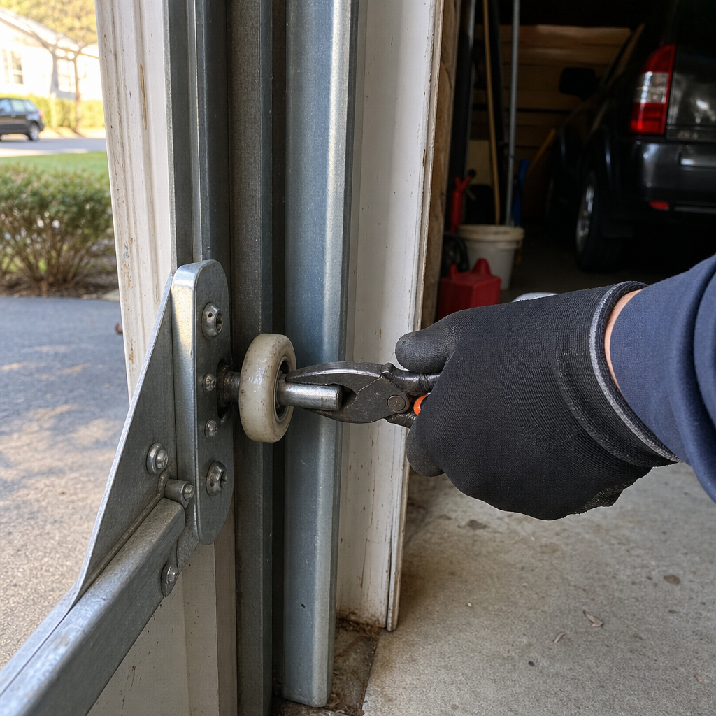 Technician performing garage door roller repair and maintenance service