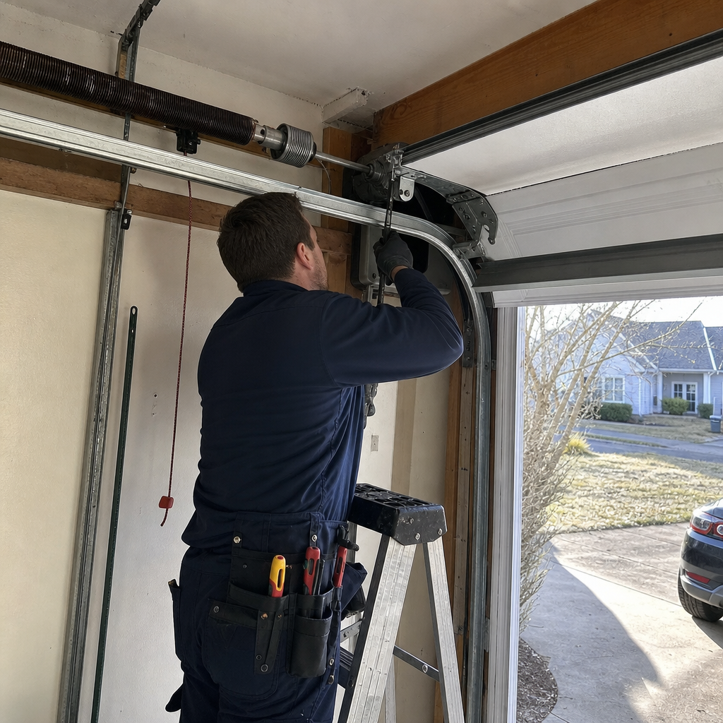 Technician performing an emergency repair on a residential garage door in New Haven, CT