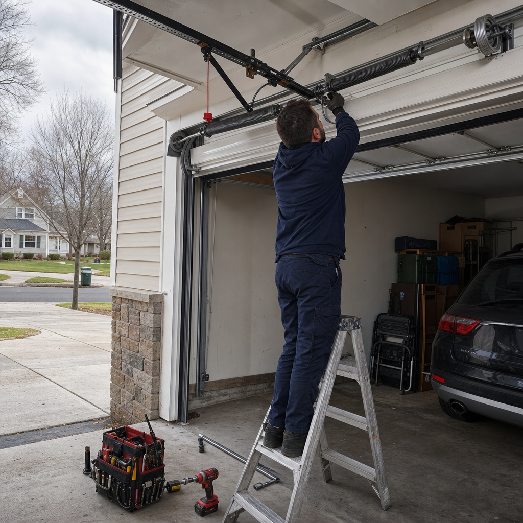 Technician performing emergency garage door spring repair on a ladder in Derby, CT