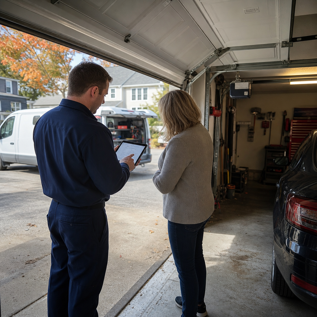 Garage door technician reviewing service estimate with a homeowner on a tablet. in New Haven, CT