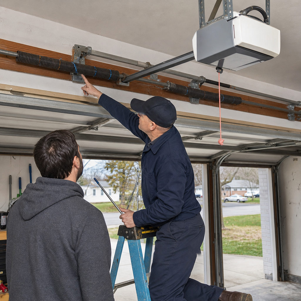 Technician explaining garage door spring repair to a homeowner in New Haven, CT