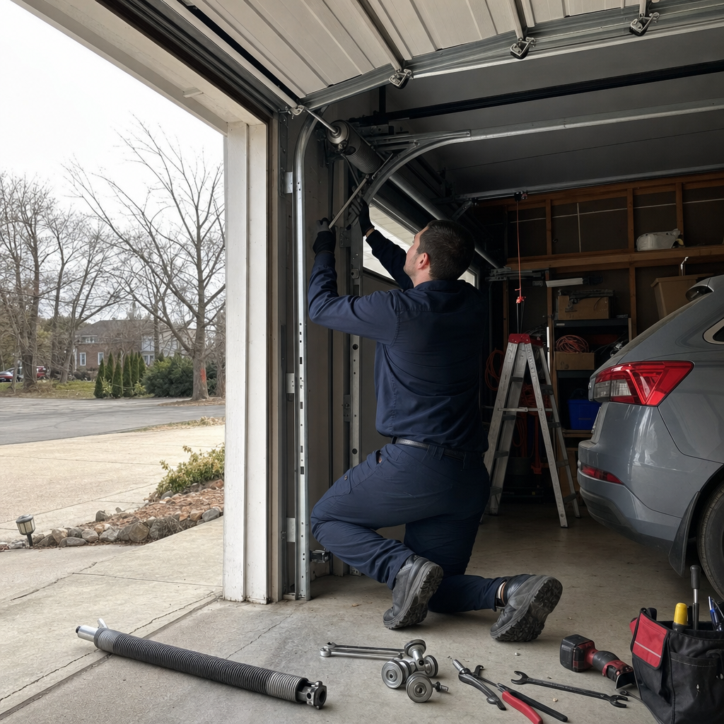 Technician performing professional garage door repairs and maintenance in New Haven, CT